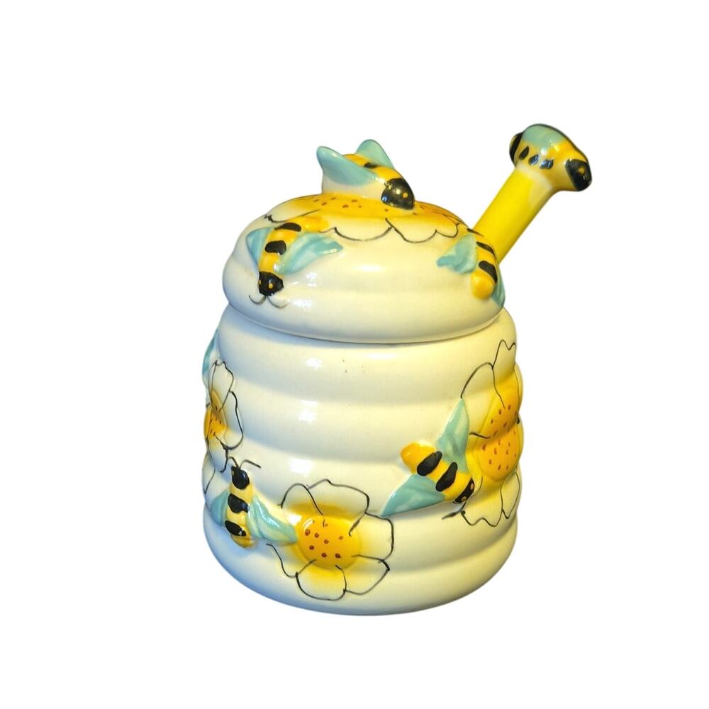 Ceramic Bee Floral Honey Pot & Dispenser w/ Lid Dipper Round 5.5" 3pc